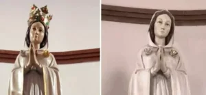 Roban corona de la estatua de la Virgen María en una iglesia