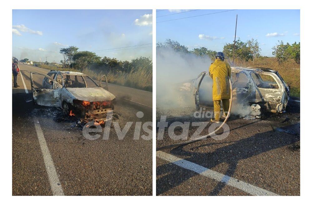Un incendio consumió vehículo Fiat en la carretera nacional El Tigre - Ciudad Bolívar la tarde del martes 7Ene