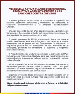 Venezuela activa Plan de Independencia Productiva Absoluta ante sanciones a Chevron | Diario El Luchador