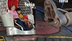 El momento exacto en el que una mujer y su nieto caen de un juego mecánico en una feria callejera
