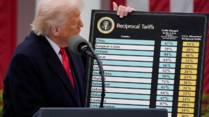 Trump sosteniendo el cartel de los aranceles durante su discurso.