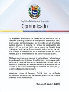 Venezuela se solidariza con Irán tras trágica explosión en puerto de Shahid Rajai | Diario El Luchador