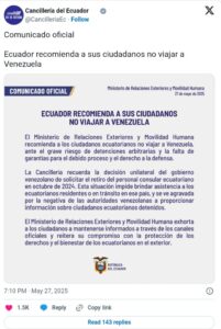 Gobierno de Ecuador aconseja a sus ciudadanos evitar viajar a Venezuela