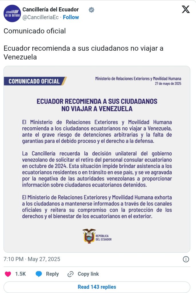 Gobierno de Ecuador aconseja a sus ciudadanos evitar viajar a Venezuela