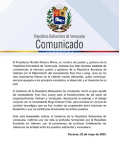 Venezuela expresa condolencias por fallecimiento de expresidente de Vietnam