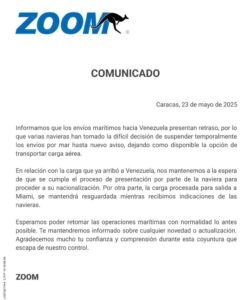 Zoom suspendió temporalmente los envíos marítimos hacia Venezuela