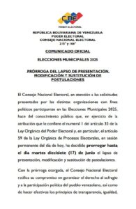 CNE extiende lapso de postulaciones para elecciones municipales