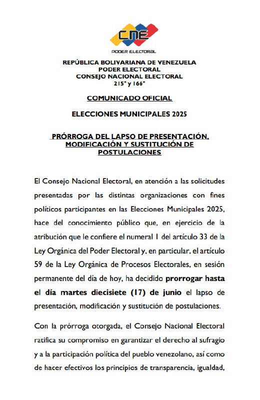 CNE extiende lapso de postulaciones para elecciones municipales