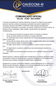 Cavecom-e: Es ilegal ofrecer y cancelar productos que sean exclusivamente en divisas