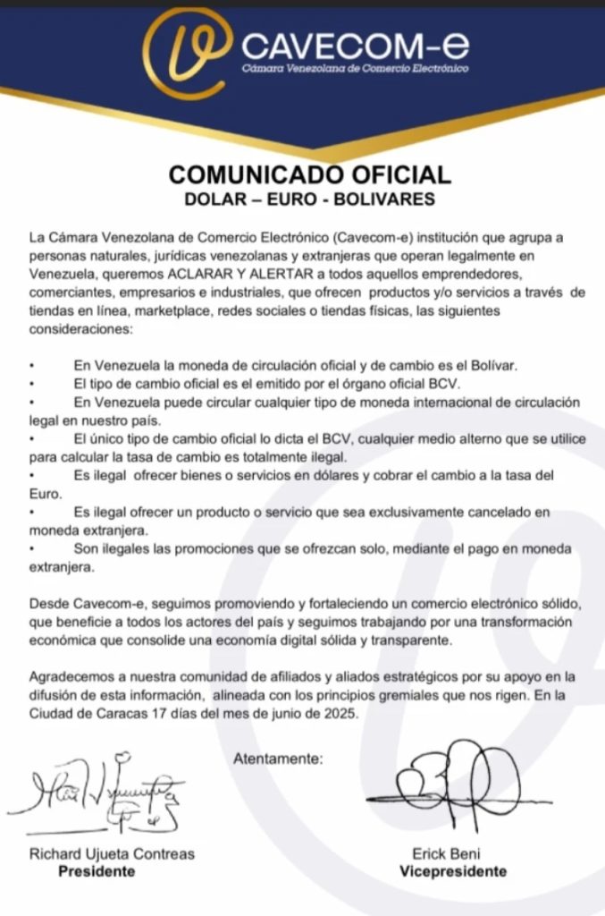 Cavecom-e: Es ilegal ofrecer y cancelar productos que sean exclusivamente en divisas