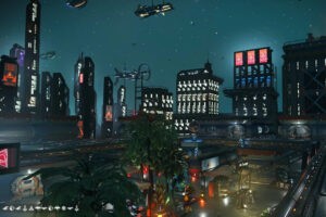 Este jugador de No Man's Sky ha construido una ciudad cyberpunk espacial sobre su carguero y el resultado es brutal al infinito