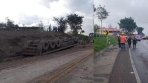 Grave accidente en vía al Llano por volcamiento de camión cargado de cemento; se registra trancón por cierre total