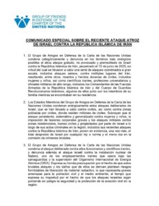 Grupo de Amigos en Defensa de la Carta de la ONU condena ataque israelí contra Irán