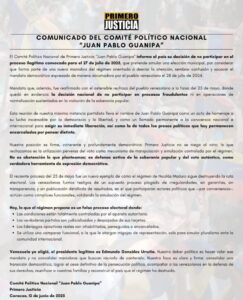 Primero Justicia no participará en las elecciones del 27 de julio