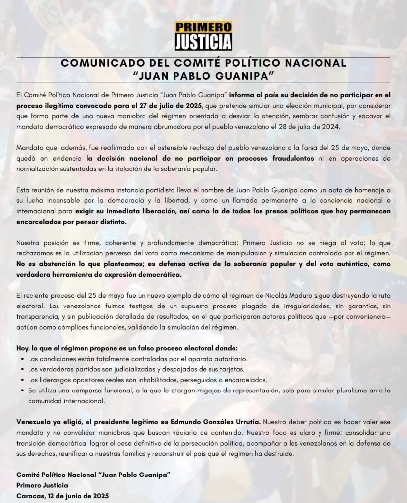Primero Justicia no participará en las elecciones del 27 de julio