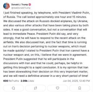 Captura de pantalla del mensaje en Truth Social de Trump sobre su conversación con Putin que el republicano ha borrado momentos después.