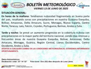 Se prevé lluvias para este viernes 13 de junio en todo el país