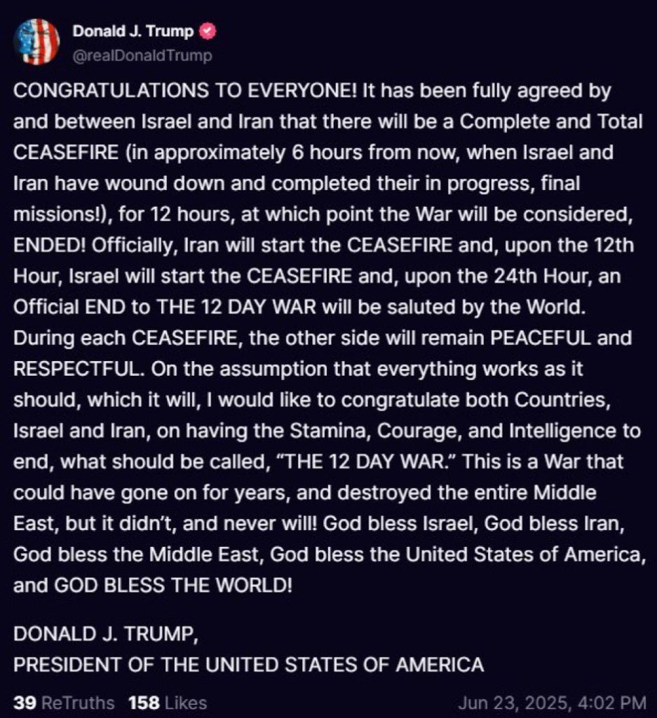 Trump: Israel e Irán acordaron un «alto el fuego total»