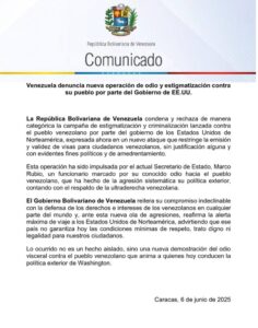 Venezuela denuncia nueva operación de odio y estigmatización por parte de EE. UU.