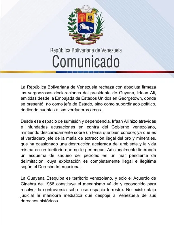 Venezuela rechaza declaraciones de Irfaan Ali contra el Gobierno Bolivariano