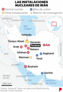 Mapa que muestra la ubicación de las centrales nucleares y de la minas de uranio en Irán