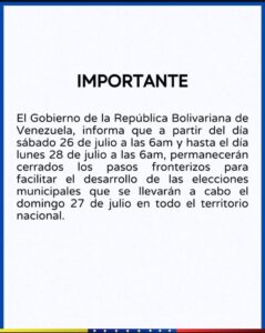 Cierran pasos fronterizos en Venezuela durante 48 horas por elecciones municipales