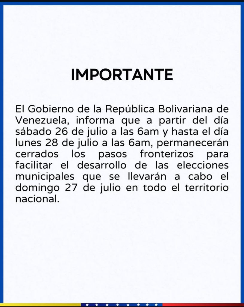 Cierran pasos fronterizos en Venezuela durante 48 horas por elecciones municipales