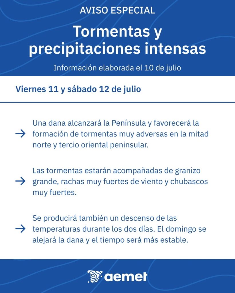 España en alerta naranja por una dana con tormenta y granizo que llegará este 12J