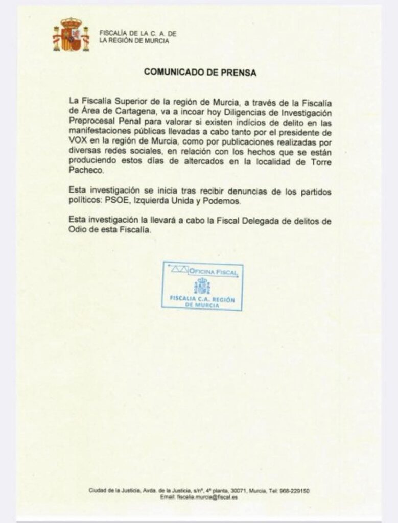 Fiscalía de Murcia investigará indicios de delito en las filas de Vox – El Venezolano News