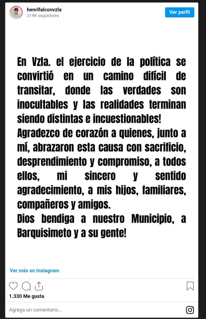 Henri Falcón: Ejercer la política en Venezuela se convirtió en un «camino difícil de transitar»
