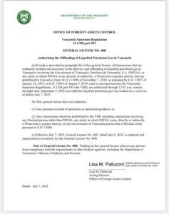 OFAC extiende licencia para entrega y descarga de gas en Venezuela