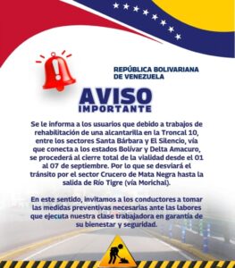 Anuncian cierre temporal de las vías de Caracas, Bolívar y Delta Amacuro este 1Sep