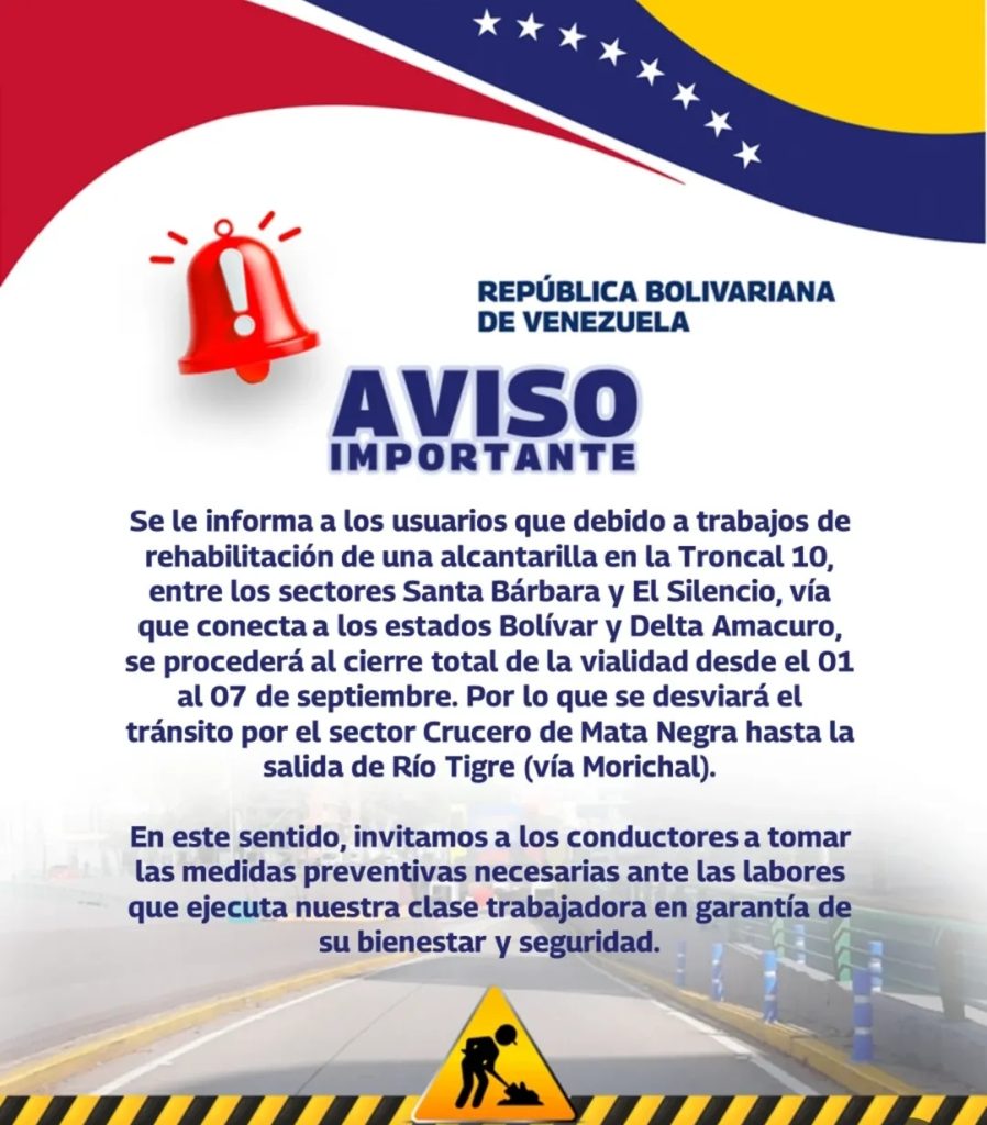 Anuncian cierre temporal de las vías de Caracas, Bolívar y Delta Amacuro este 1Sep