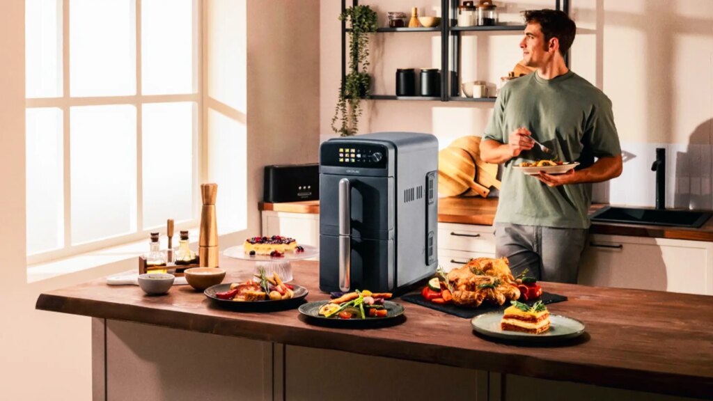 Con diseño vertical, esta freidora de aire dual de gran capacidad es perfecta para cocinas pequeñas