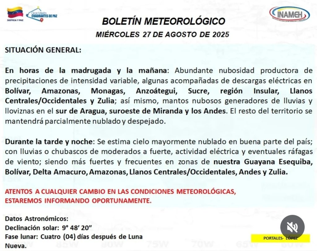Inameh prevé lluvias y chubascos en todo el país