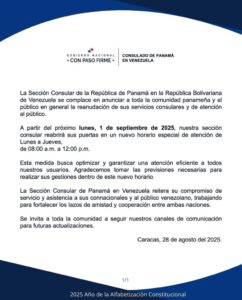 Panamá reanudará los servicios consulares en Venezuela el 1Sep