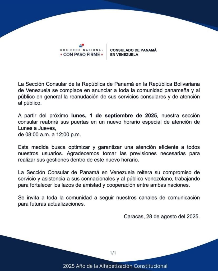 Panamá reanudará los servicios consulares en Venezuela el 1Sep