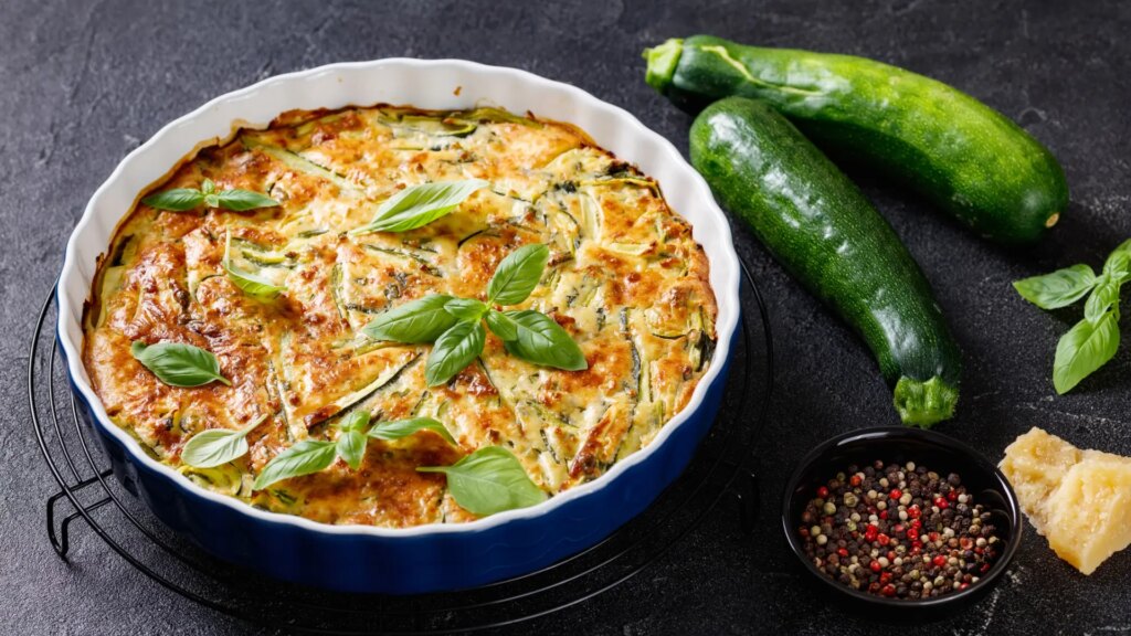 Pastel de calabacín y pollo alto en proteínas, sin gluten y sin harinas