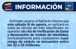 Saime realizará jornada a nivel nacional de actualización de datos sin cita este 16Ago