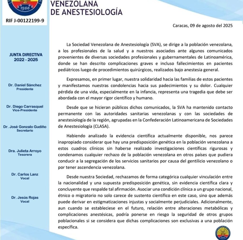 Sociedad Venezolana de Anestesiología pide investigar muertes de niños venezolanos en Chile