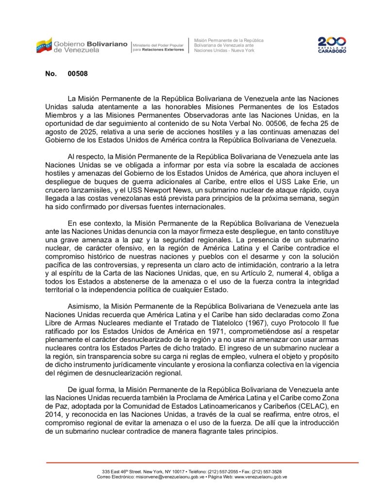 Venezuela denuncia en la ONU violación al Tratado de Tlatelolco por parte de EE.UU.