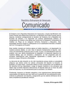 Venezuela rechaza decisión de Ecuador de no otorgar visa a delegación de voleibol de playa