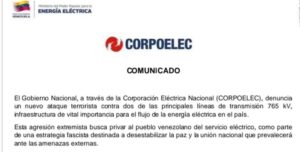 Corpoelec denunció nueva agresión al Sistema Eléctrico Nacional
