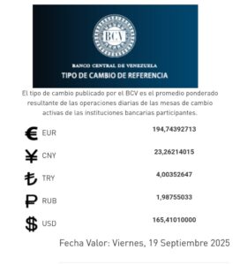 Dólar BCV se cotizará en 165,41 este 19 de septiembre
