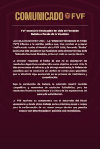 FVF anunció que Fernando Batista fue destituido como DT de la Vinotinto