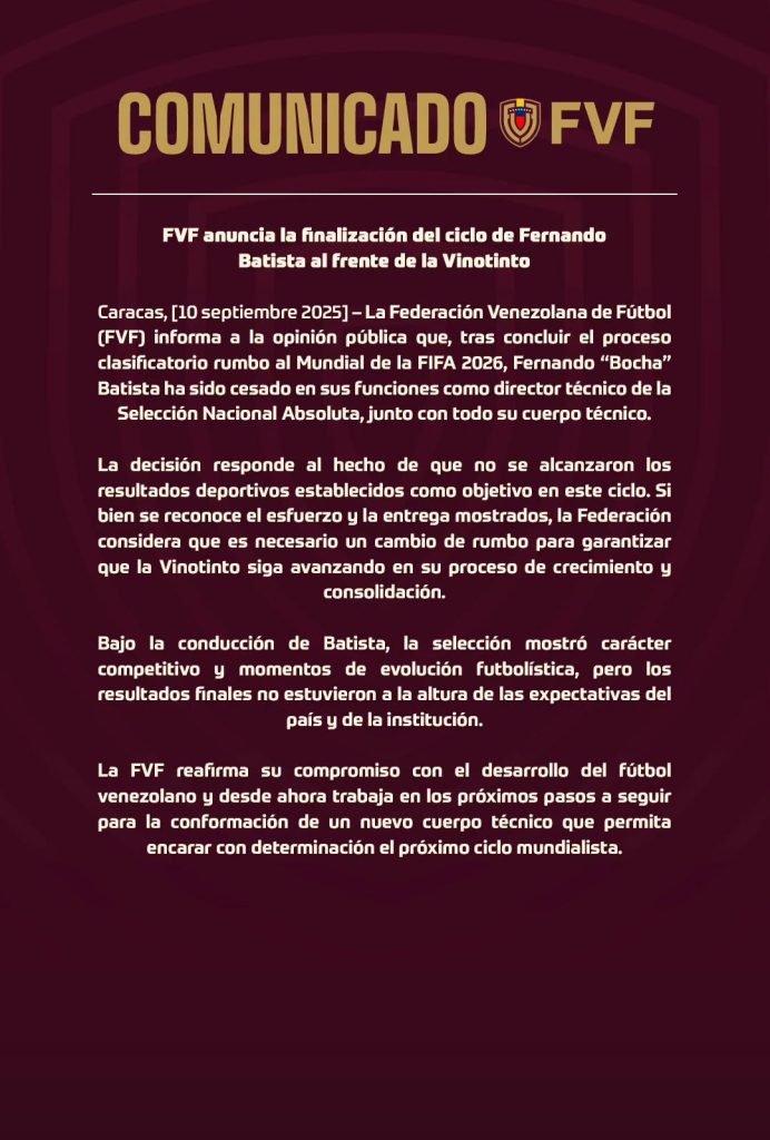 FVF anunció que Fernando Batista fue destituido como DT de la Vinotinto