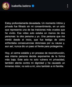 Isabella Ladera se pronuncia oficialmente tras filtración de video íntimo con Beéle