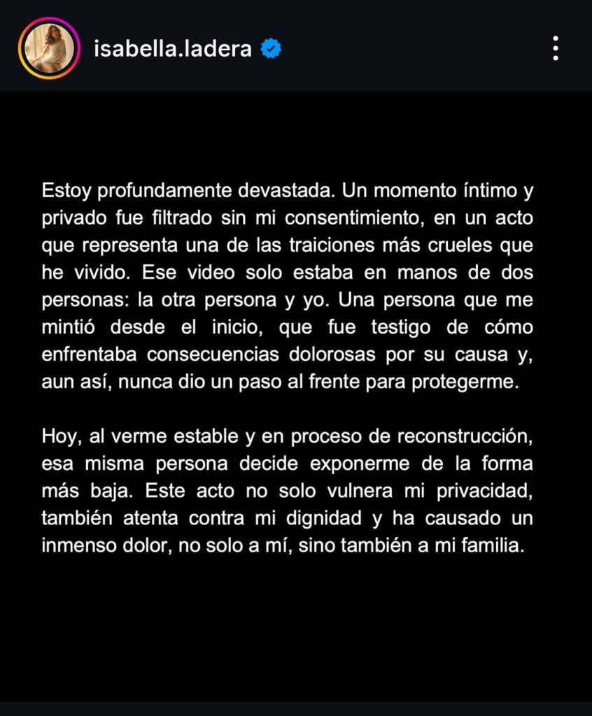 Isabella Ladera se pronuncia oficialmente tras filtración de video íntimo con Beéle