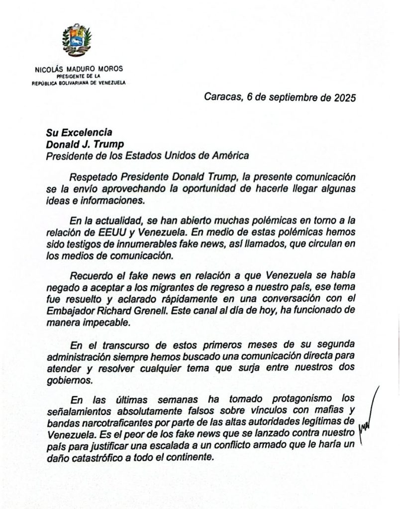 Maduro afirma disposición al diálogo en carta enviada a Trump