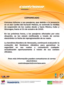Conviasa extiende suspensión de vuelos hacia México, Cuba y Nicaragua por huracán Melissa